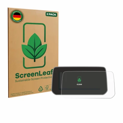 Parte frontal de un envase de producto con el logotipo de la marca ScreenLeaf. Al lado se muestra el dispositivo Mazda CX-5 20