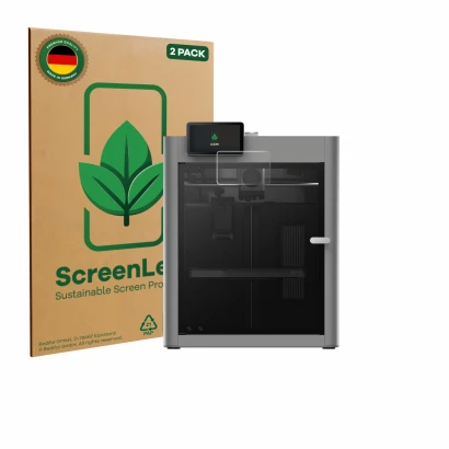 Parte frontal de un envase de producto con el logotipo de la marca ScreenLeaf. Al lado se muestra el dispositivo Bambu Lab P2S