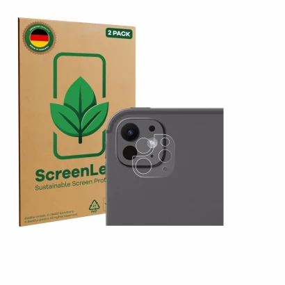 Parte frontal de un envase de producto con el logotipo de la marca ScreenLeaf. Al lado se muestra el dispositivo Apple iPad Pr