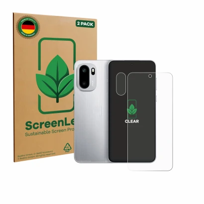 Parte frontal de un envase de producto con el logotipo de la marca ScreenLeaf. Al lado se muestra el dispositivo OnePlus 15R (