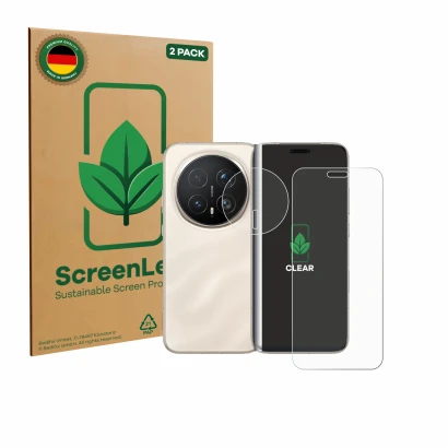 Parte frontal de un envase de producto con el logotipo de la marca ScreenLeaf. Al lado se muestra el dispositivo Honor Magic 8
