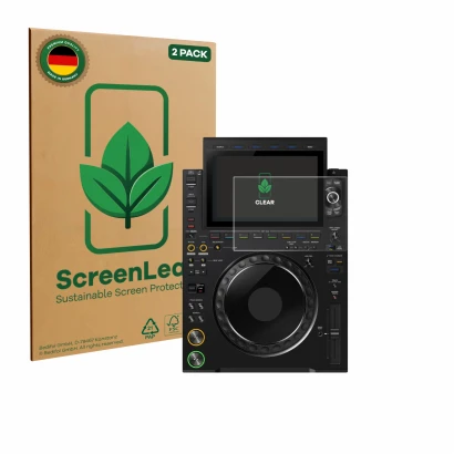 Parte frontal de un envase de producto con el logotipo de la marca ScreenLeaf. Al lado se muestra el dispositivo Pioneer CDJ 3