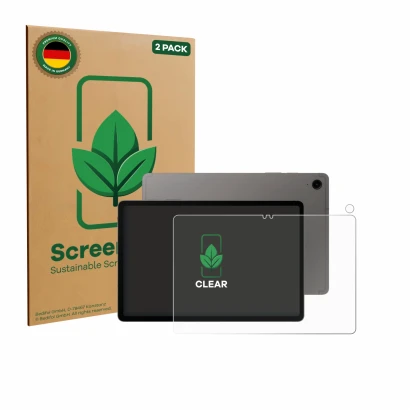 Parte frontal de un envase de producto con el logotipo de la marca ScreenLeaf. Al lado se muestra el dispositivo Samsung Galax