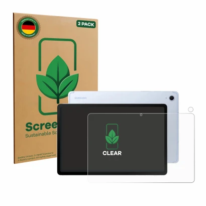 Parte frontal de un envase de producto con el logotipo de la marca ScreenLeaf. Al lado se muestra el dispositivo Samsung Galax
