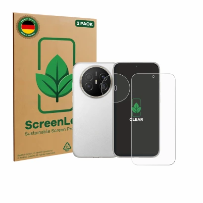 Parte frontal de un envase de producto con el logotipo de la marca ScreenLeaf. Al lado se muestra el dispositivo Huawei Mate 7