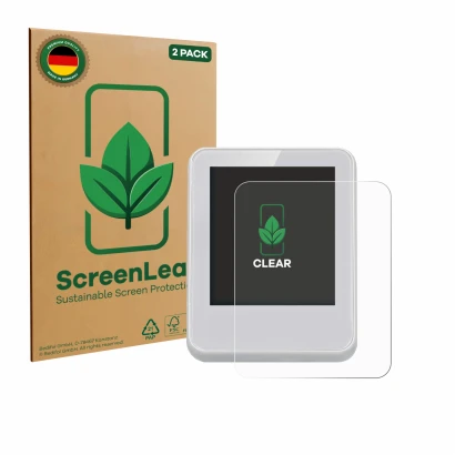 Parte frontal de un envase de producto con el logotipo de la marca ScreenLeaf. Al lado se muestra el dispositivo Bresser Clima