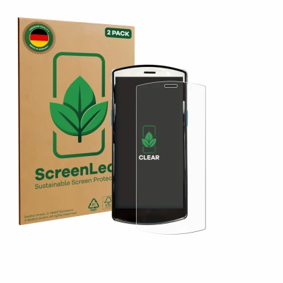 Parte frontal de un envase de producto con el logotipo de la marca ScreenLeaf. Al lado se muestra el dispositivo Unitech EA510