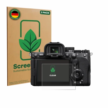 Parte frontal de un envase de producto con el logotipo de la marca ScreenLeaf. Al lado se muestra el dispositivo Sony Alpha 7 
