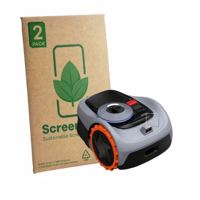 Parte frontal de un envase de producto con el logotipo de la marca ScreenLeaf. Al lado se muestra el dispositivo Navimow i105E
