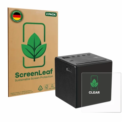 Parte frontal de un envase de producto con el logotipo de la marca ScreenLeaf. Al lado se muestra el dispositivo Sony ICF-C1 c