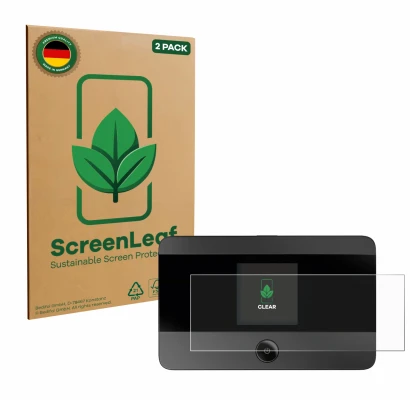 Parte frontal de un envase de producto con el logotipo de la marca ScreenLeaf. Al lado se muestra el dispositivo TP-Link M7350