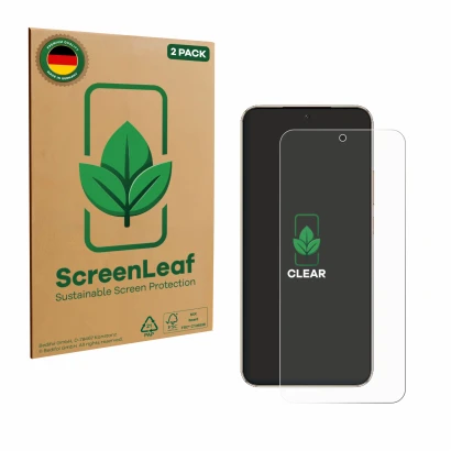 Parte frontal de un envase de producto con el logotipo de la marca ScreenLeaf. Al lado se muestra el dispositivo Honor Magic 8