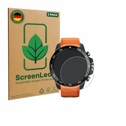 Parte frontal de un envase de producto con el logotipo de la marca ScreenLeaf. Al lado se muestra el dispositivo Xiaomi Mibro 