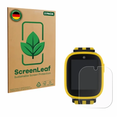 Parte frontal de un envase de producto con el logotipo de la marca ScreenLeaf. Al lado se muestra el dispositivo Xplora X6 Pla