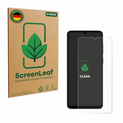 Parte frontal de un envase de producto con el logotipo de la marca ScreenLeaf. Al lado se muestra el dispositivo Honor X5c Plu