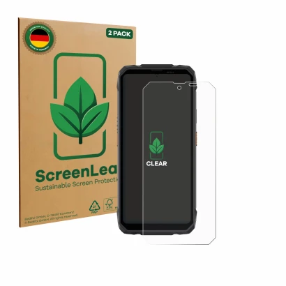 Parte frontal de un envase de producto con el logotipo de la marca ScreenLeaf. Al lado se muestra el dispositivo Blackview Roc