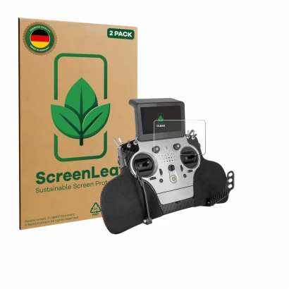 Parte frontal de un envase de producto con el logotipo de la marca ScreenLeaf. Al lado se muestra el dispositivo PowerBox Syst