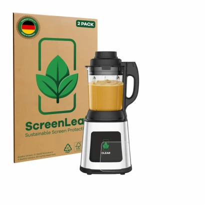 Parte frontal de un envase de producto con el logotipo de la marca ScreenLeaf. Al lado se muestra el dispositivo Moulinex LM83