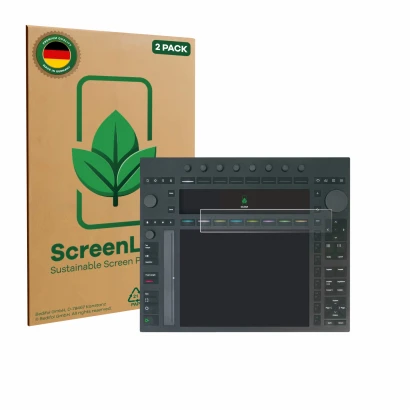 Parte frontal de un envase de producto con el logotipo de la marca ScreenLeaf. Al lado se muestra el dispositivo Ableton Push 