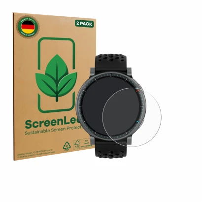 Parte frontal de un envase de producto con el logotipo de la marca ScreenLeaf. Al lado se muestra el dispositivo Amazfit Activ
