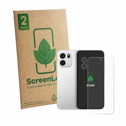 Parte frontal de un envase de producto con el logotipo de la marca ScreenLeaf. Al lado se muestra el dispositivo OnePlus Turbo