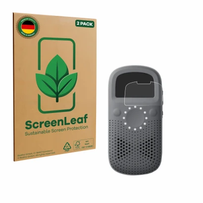 Parte frontal de un envase de producto con el logotipo de la marca ScreenLeaf. Al lado se muestra el dispositivo Relay X con s