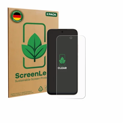 Parte frontal de un envase de producto con el logotipo de la marca ScreenLeaf. Al lado se muestra el dispositivo Oppo A6c con 