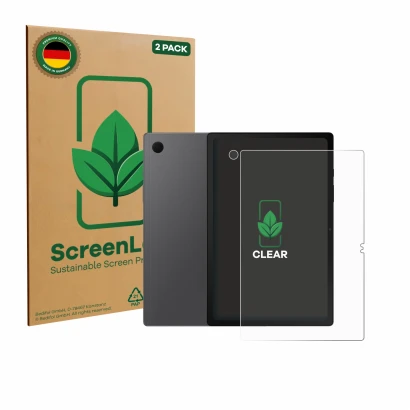 Parte frontal de un envase de producto con el logotipo de la marca ScreenLeaf. Al lado se muestra el dispositivo Samsung Galax