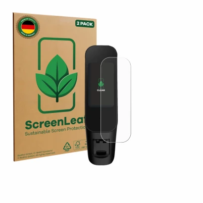 Parte frontal de un envase de producto con el logotipo de la marca ScreenLeaf. Al lado se muestra el dispositivo Xiaomi Electr