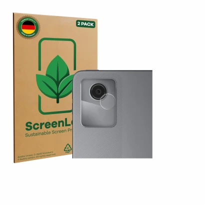 Parte frontal de un envase de producto con el logotipo de la marca ScreenLeaf. Al lado se muestra el dispositivo Lenovo Tab M1