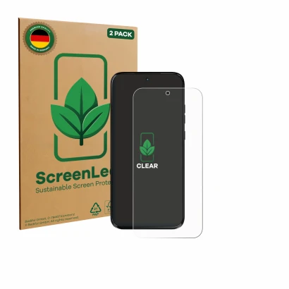 Parte frontal de un envase de producto con el logotipo de la marca ScreenLeaf. Al lado se muestra el dispositivo Motorola Moto