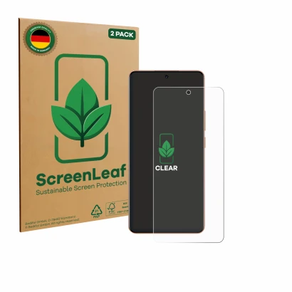 Parte frontal de un envase de producto con el logotipo de la marca ScreenLeaf. Al lado se muestra el dispositivo realme P4 Pro