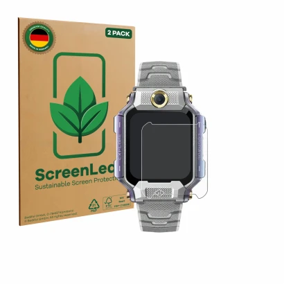 Parte frontal de un envase de producto con el logotipo de la marca ScreenLeaf. Al lado se muestra el dispositivo Imoo Watch Ph