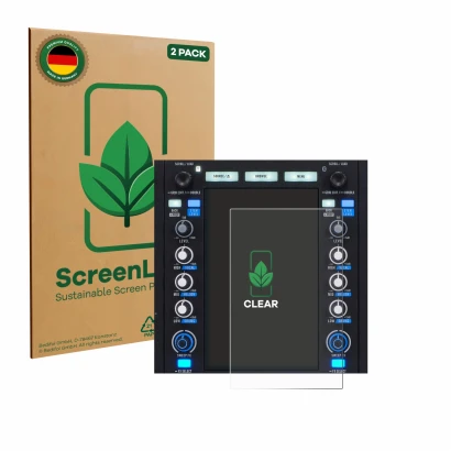 Parte frontal de un envase de producto con el logotipo de la marca ScreenLeaf. Al lado se muestra el dispositivo Rane System O