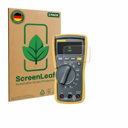Parte frontal de un envase de producto con el logotipo de la marca ScreenLeaf. Al lado se muestra el dispositivo Fluke MultiMe