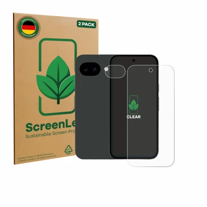 Parte frontal de un envase de producto con el logotipo de la marca ScreenLeaf. Al lado se muestra el dispositivo Google Pixel 