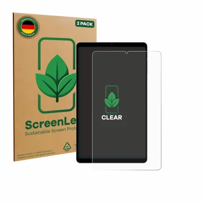 Parte frontal de un envase de producto con el logotipo de la marca ScreenLeaf. Al lado se muestra el dispositivo Teclast T50 M