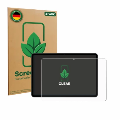 Parte frontal de un envase de producto con el logotipo de la marca ScreenLeaf. Al lado se muestra el dispositivo Doogee Tab A9