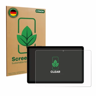 Parte frontal de un envase de producto con el logotipo de la marca ScreenLeaf. Al lado se muestra el dispositivo Doogee Tab A9