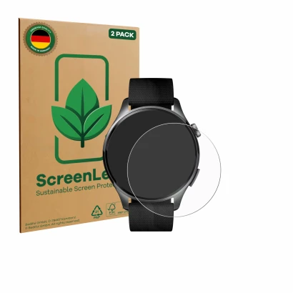 Parte frontal de un envase de producto con el logotipo de la marca ScreenLeaf. Al lado se muestra el dispositivo Xiaomi Watch 
