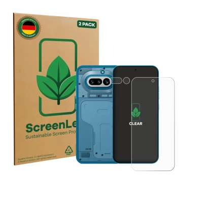 Parte frontal de un envase de producto con el logotipo de la marca ScreenLeaf. Al lado se muestra el dispositivo Nothing Phone