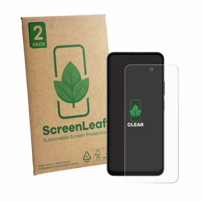Parte frontal de un envase de producto con el logotipo de la marca ScreenLeaf. Al lado se muestra el dispositivo Doogee B10 Pr