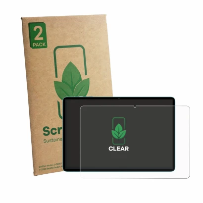 Parte frontal de un envase de producto con el logotipo de la marca ScreenLeaf. Al lado se muestra el dispositivo Teclast P33 c