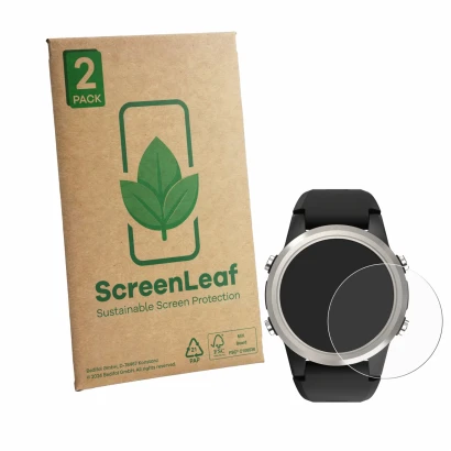 Parte frontal de un envase de producto con el logotipo de la marca ScreenLeaf. Al lado se muestra el dispositivo Shearwater TE