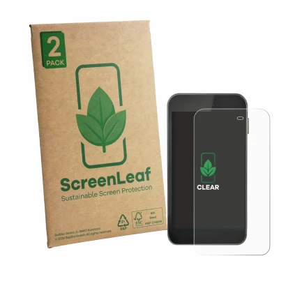 Parte frontal de un envase de producto con el logotipo de la marca ScreenLeaf. Al lado se muestra el dispositivo Equil S Patch