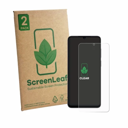 Parte frontal de un envase de producto con el logotipo de la marca ScreenLeaf. Al lado se muestra el dispositivo Honor X5d Plu