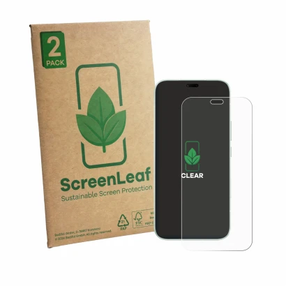 Parte frontal de un envase de producto con el logotipo de la marca ScreenLeaf. Al lado se muestra el dispositivo Honor 600e co