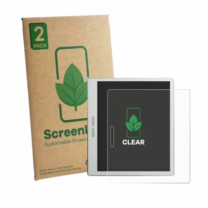 Parte frontal de un envase de producto con el logotipo de la marca ScreenLeaf. Al lado se muestra el dispositivo Bigme B7 Pro 