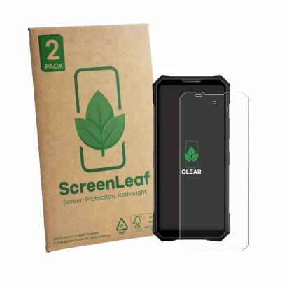 Parte frontal de un envase de producto con el logotipo de la marca ScreenLeaf. Al lado se muestra el dispositivo Doogee V50 Pr