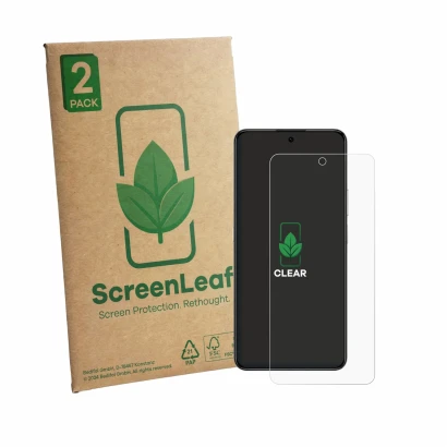 Parte frontal de un envase de producto con el logotipo de la marca ScreenLeaf. Al lado se muestra el dispositivo Honor X8d con